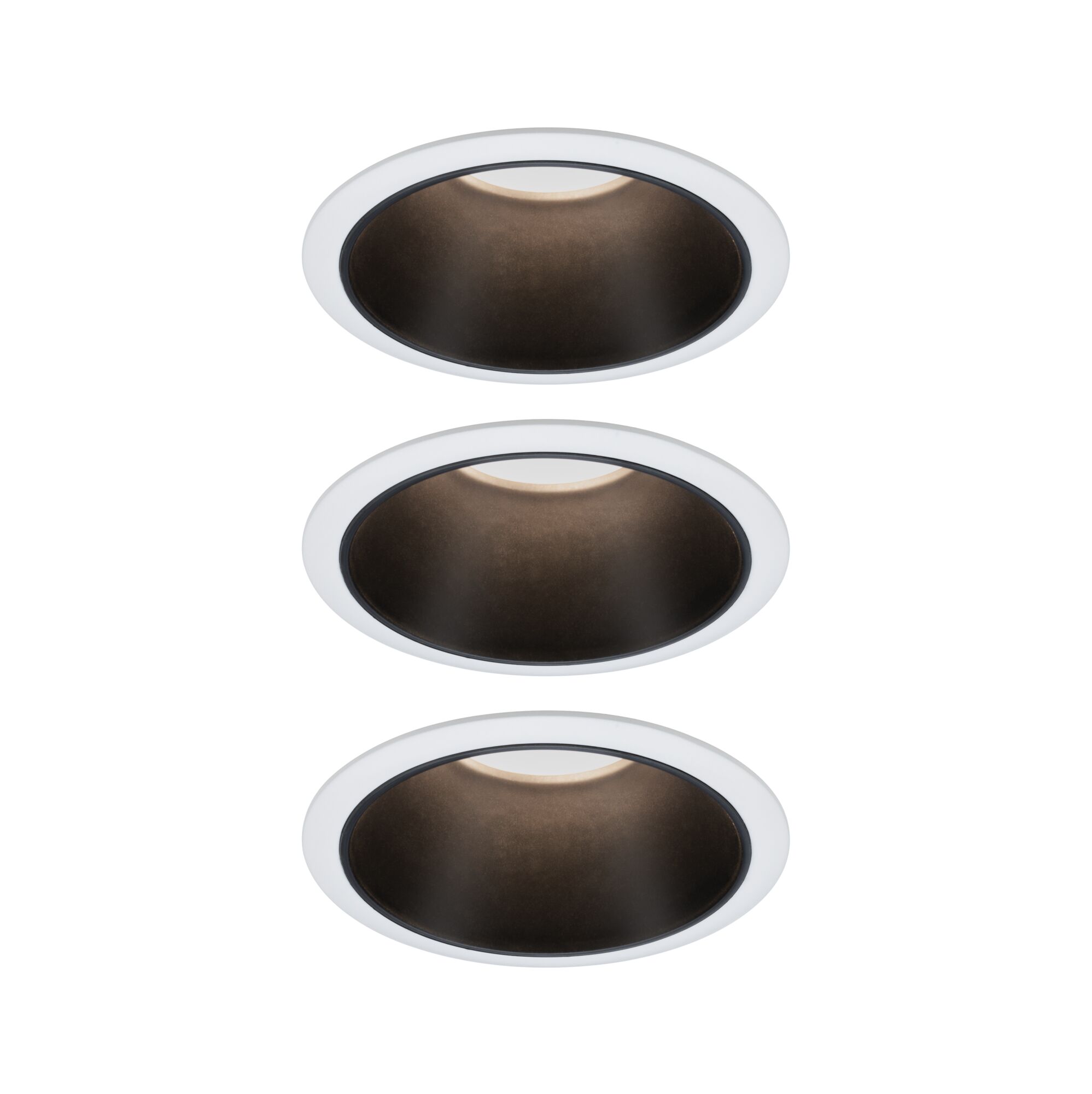 Three white recessed spotlights with black metal inner ring for modern LED ceiling lighting