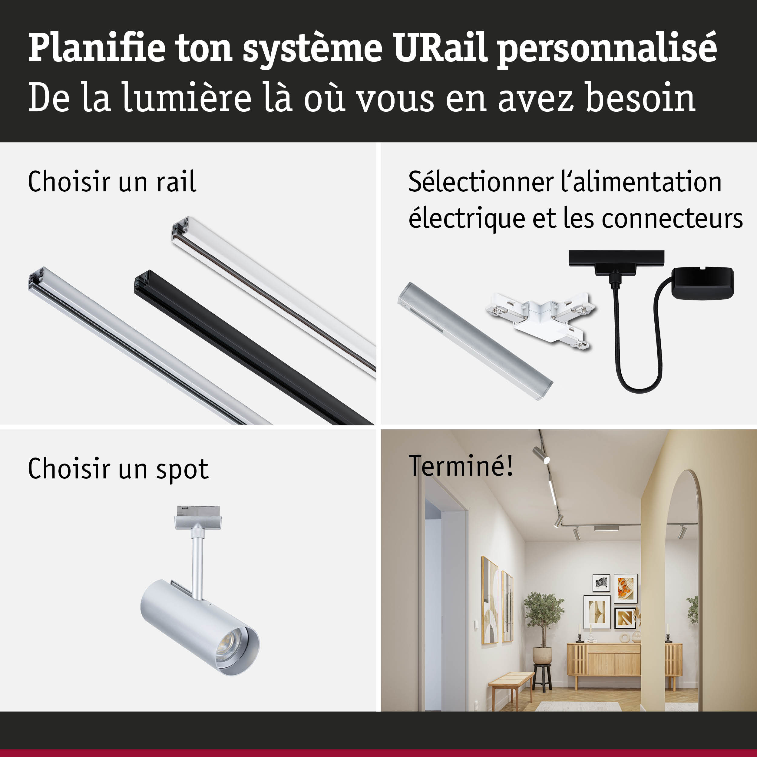 Système de rail modulaire URail en aluminium noir et blanc pour éclairage LED flexible