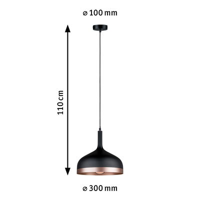 Zwarte metalen hanglamp met koperen rand, 110 cm lang, 30 cm diameter, moderne LED verlichting