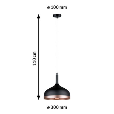 Black metal pendant lamp with copper edge, 110 cm length, 30 cm diameter, modern LED lighting fixture