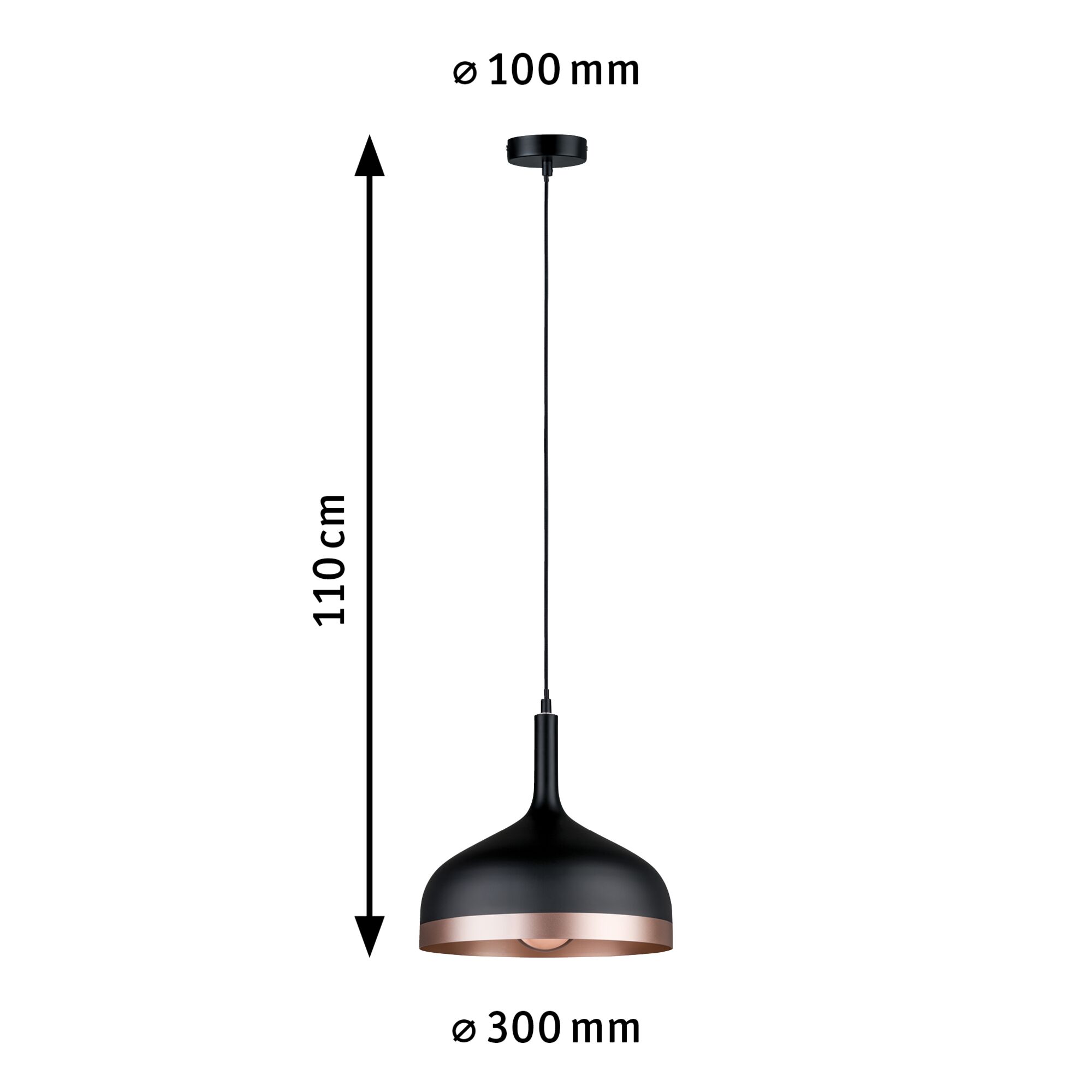 Czarna metalowa lampa wisząca z miedzianą krawędzią, długość 110 cm, średnica 30 cm