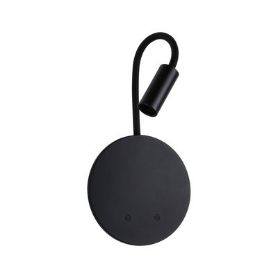 Black round LED wall light with flexible arm and touch switch for modern lighting design