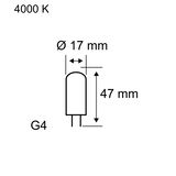 Technische Zeichnung einer G4 LED-Lampe mit 17 mm Durchmesser und 47 mm Länge, 4000 K Lichtfarbe.