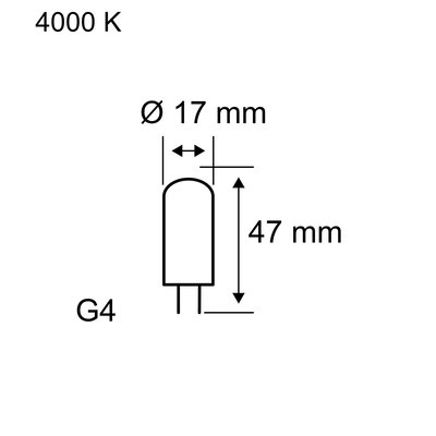 Technische tekening van een G4 LED-lamp met 17 mm diameter en 47 mm lengte, kleurtemperatuur 4000 K.