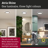 Atria Shine ceiling light with three light colours, IP44 protection and backlight technology for bathroom and laundry