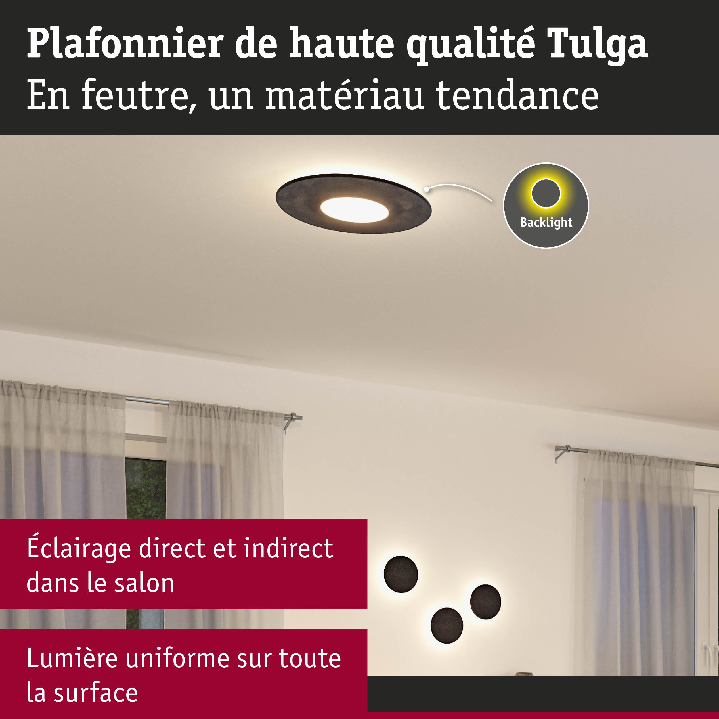Plafonnier Tulga en feutre avec éclairage indirect pour un salon moderne et lumineux