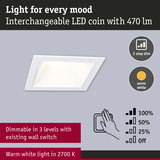 White square LED recessed light with 470 lumens and warm white 2700K, dimmable in 3 levels with wall switch