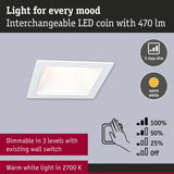 White square LED recessed light with 470 lumens and warm white 2700K, dimmable in 3 levels with wall switch