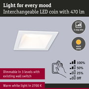 White LED recessed spotlight with dimmable 470 lm LED coin and warm white 2700K light