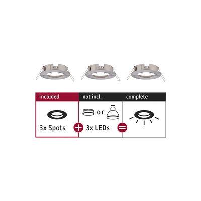 Three silver metal recessed frames for LED spots, without LED bulbs, lighting components