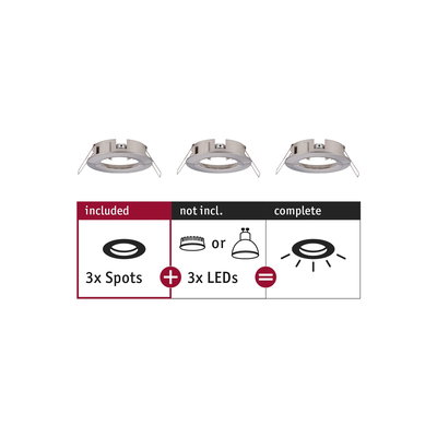 Drei silberne Einbaurahmen aus Metall für LED-Spots, ohne LED-Leuchtmittel, Beleuchtungskomponenten