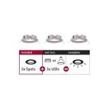 Three silver metal recessed frames for LED spots, without LED bulbs, lighting components