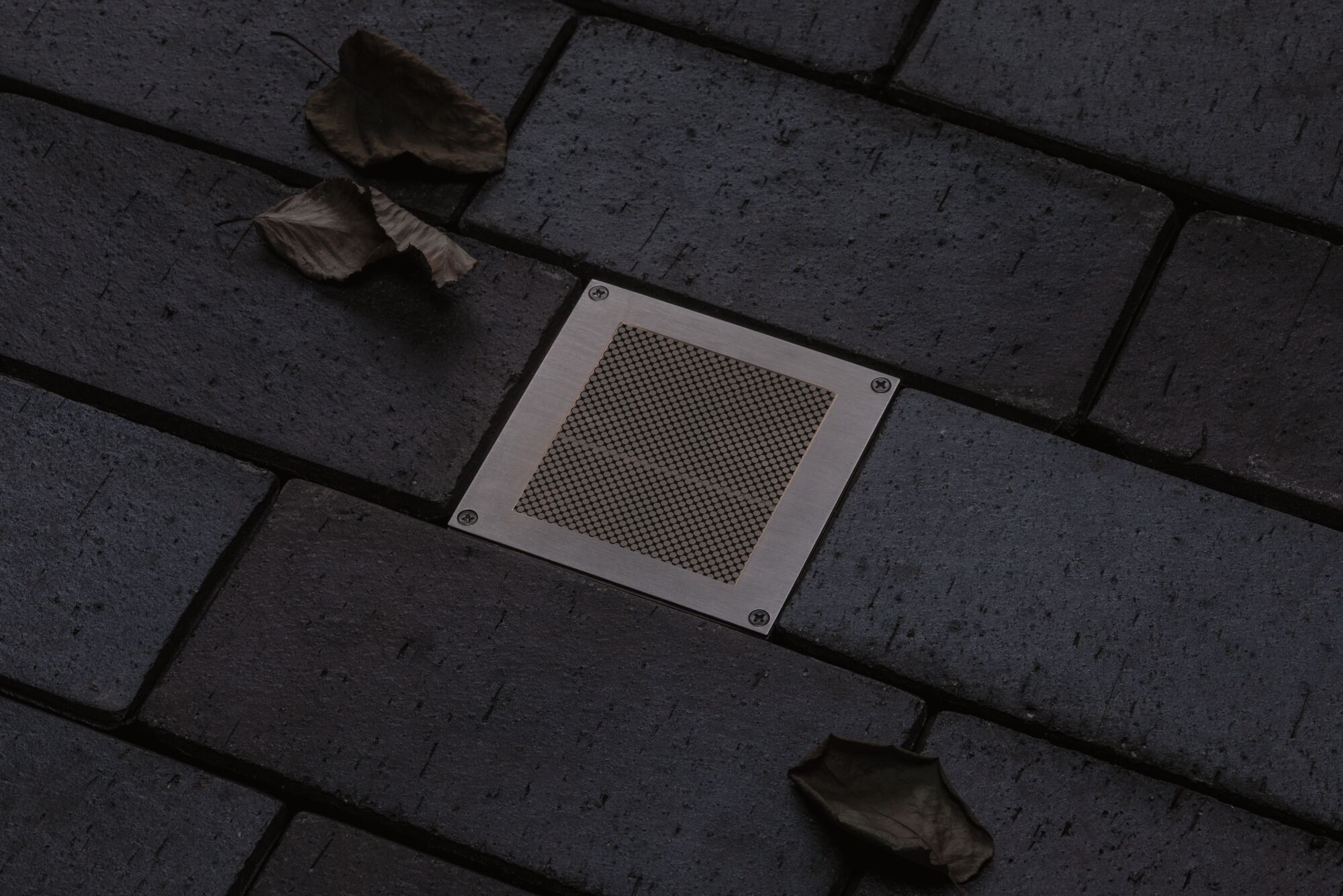 Recessed square stainless steel floor light with grid pattern on dark paving with autumn leaves