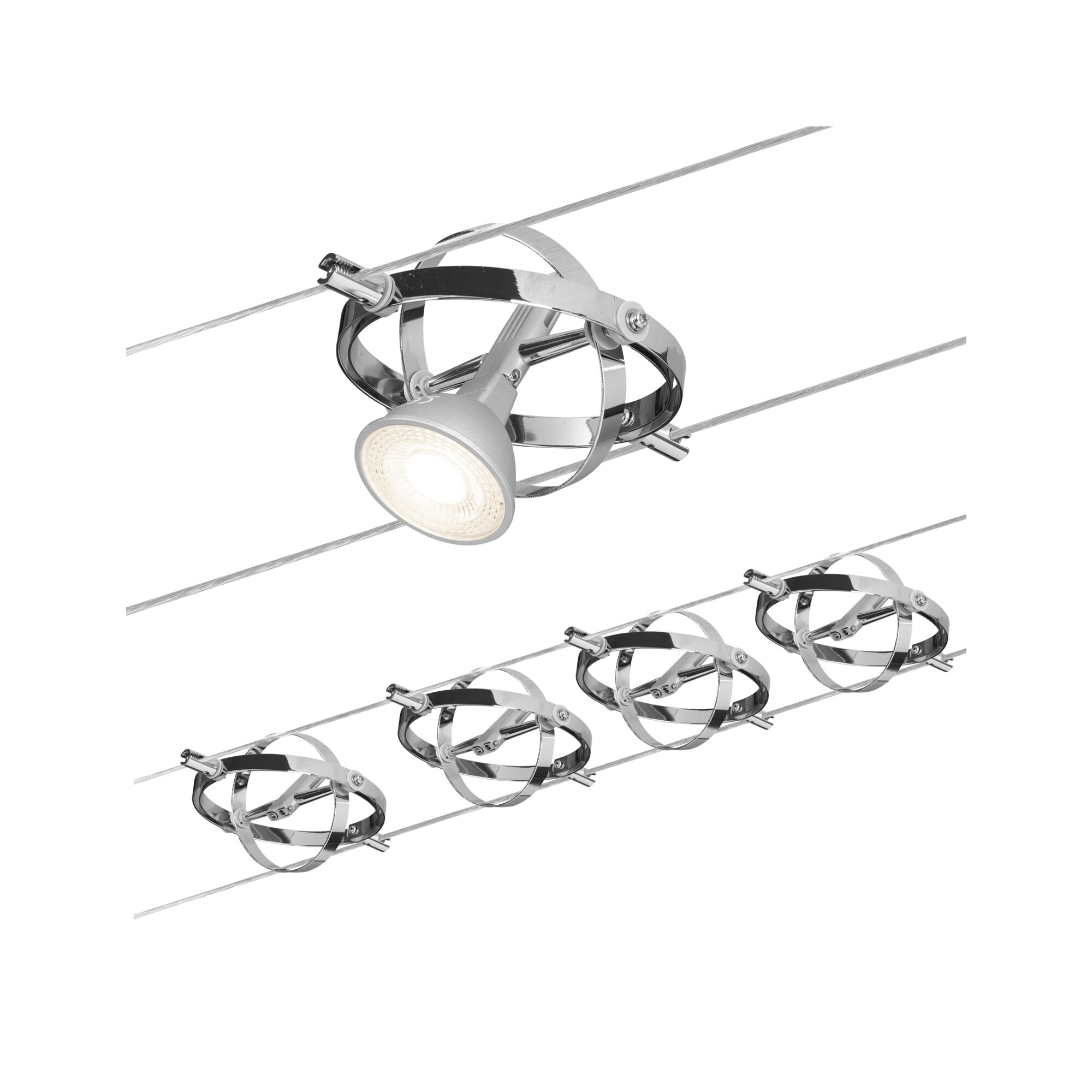 Cable system Cardan Basic Set GU5,3 max. 4x10W dimmable 230/12V Chrome matt/Chrome Modern chrome cable spotlight with adjustable LED lamp for versatile lighting solutions.