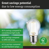 Energy-saving LED light bulb with clear glass and metal base highlighting low energy consumption.