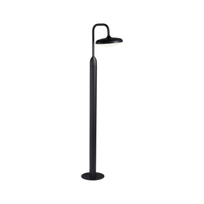 Black outdoor floor lamp in metal with round shade and warm white LED light for garden paths