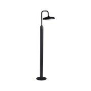 Schwarze Außen-Stehleuchte aus Metall mit rundem Lampenschirm und warmweißem LED-Licht für Gartenwege