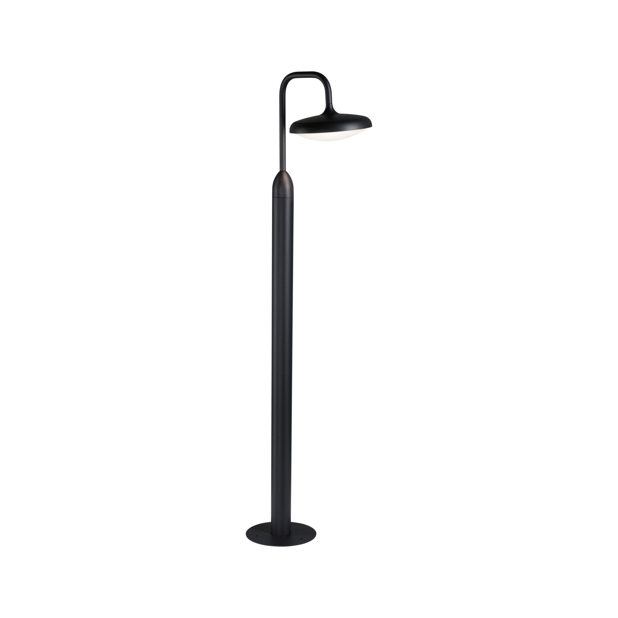 Schwarze Außen-Stehleuchte aus Metall mit rundem Lampenschirm und warmweißem LED-Licht für Gartenwege
