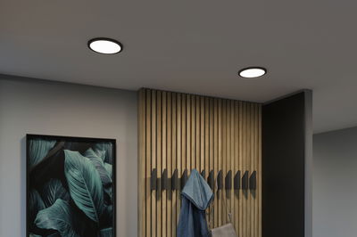 Modern round LED ceiling lights with black frame in minimalist hallway with wooden panels.