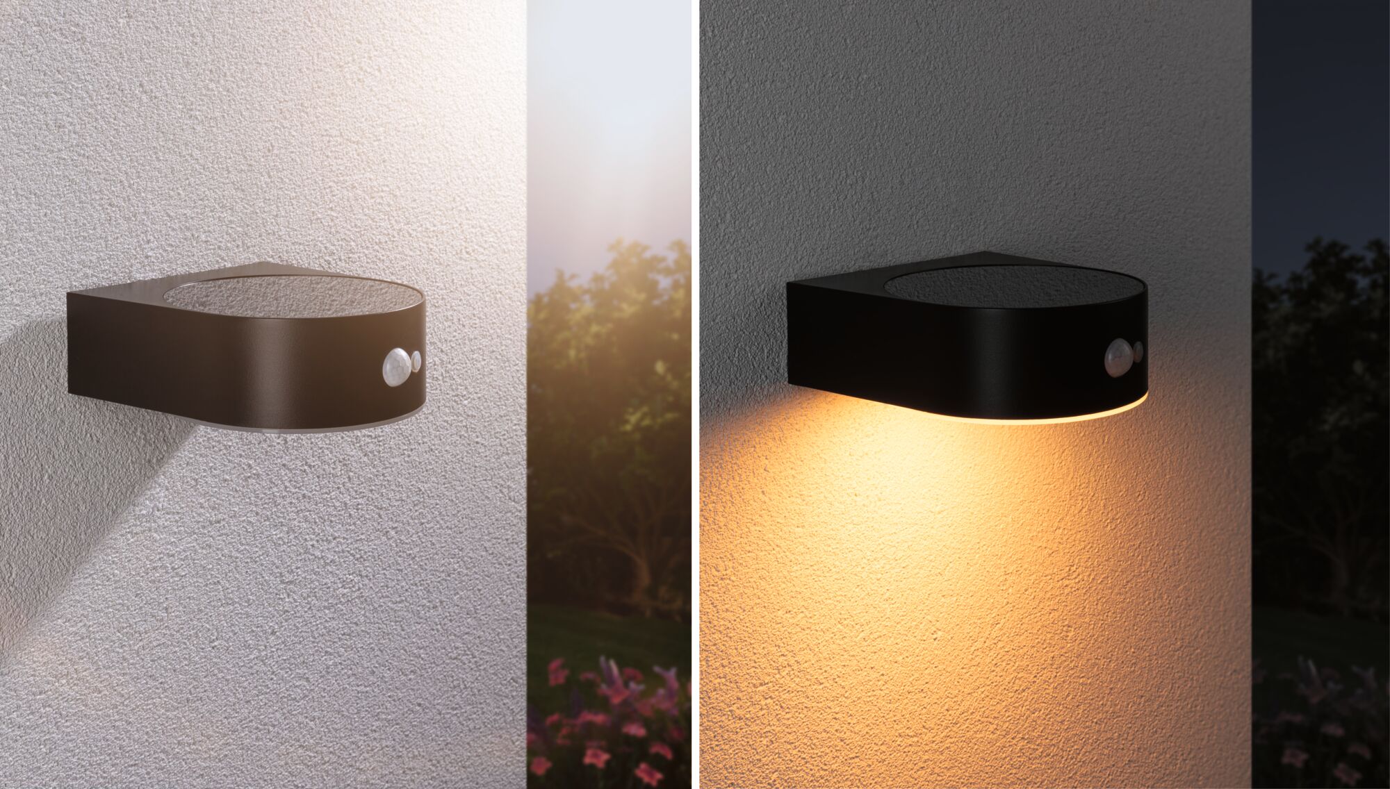 Schwarze LED-Außenwandleuchte aus Metall mit Bewegungsmelder, Tages- und Nachtansicht, Gartenbeleuchtung