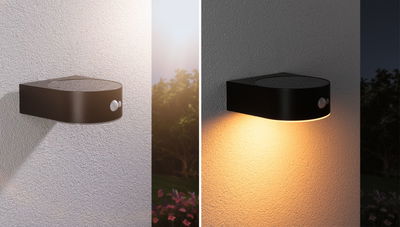 Schwarze LED-Außenwandleuchte aus Metall mit Bewegungsmelder, Tages- und Nachtansicht, Gartenbeleuchtung