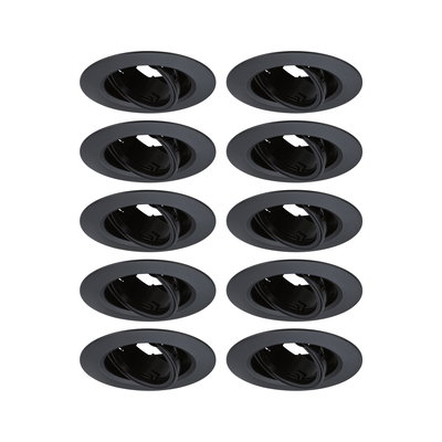 Set of ten black metal recessed spotlights with adjustable inserts for flexible LED lighting