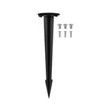 Black plastic ground spike with six silver screws for outdoor lighting installation.