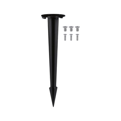 Black plastic ground spike with six silver screws for outdoor lighting installation.