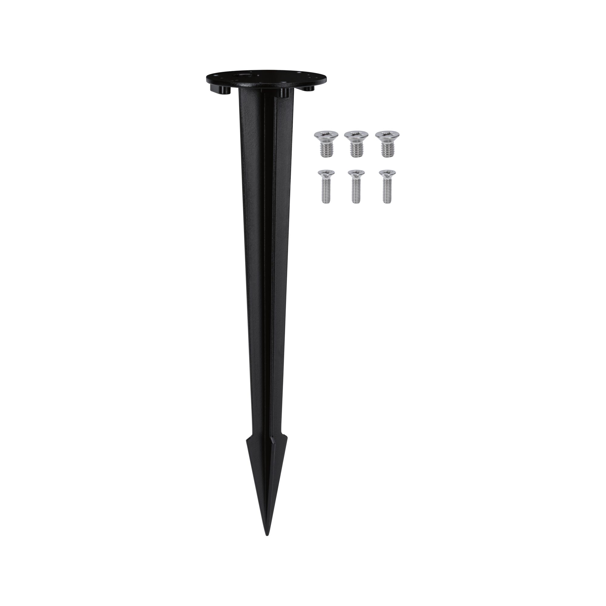 Black plastic ground spike with six silver screws for outdoor lighting installation
