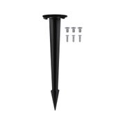 Black plastic ground spike with six silver screws for outdoor lighting installation