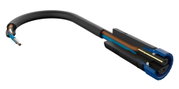Black cable with brown and blue wires, cross-section of plug showing metal contact for electrical connection.
