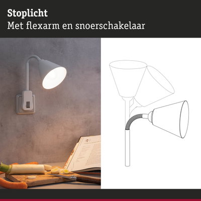 Wit stoplicht met flexibele arm en snoerschakelaar aan grijze muur, keukenverlichting