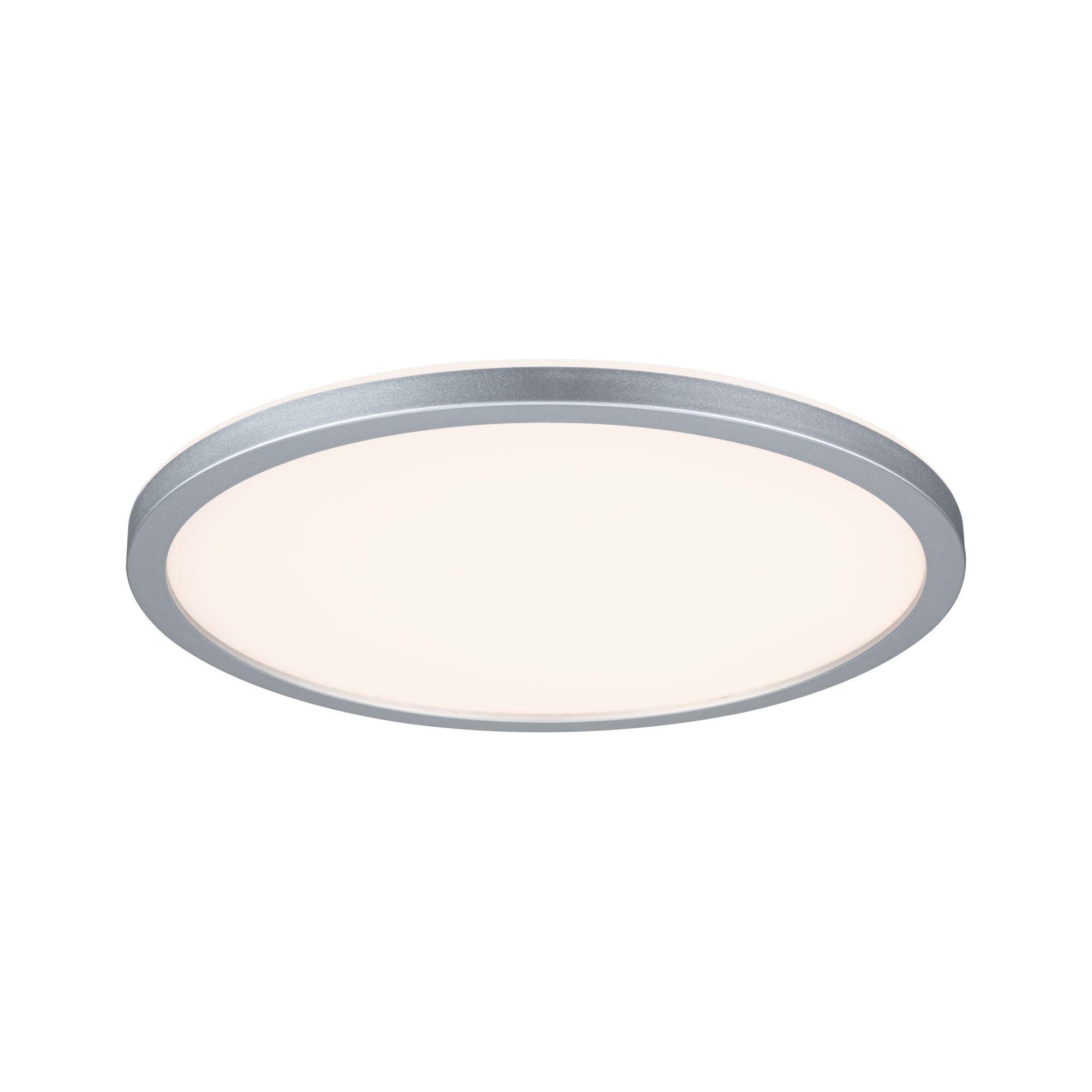 Round LED ceiling light with silver aluminum frame and warm white light for living spaces