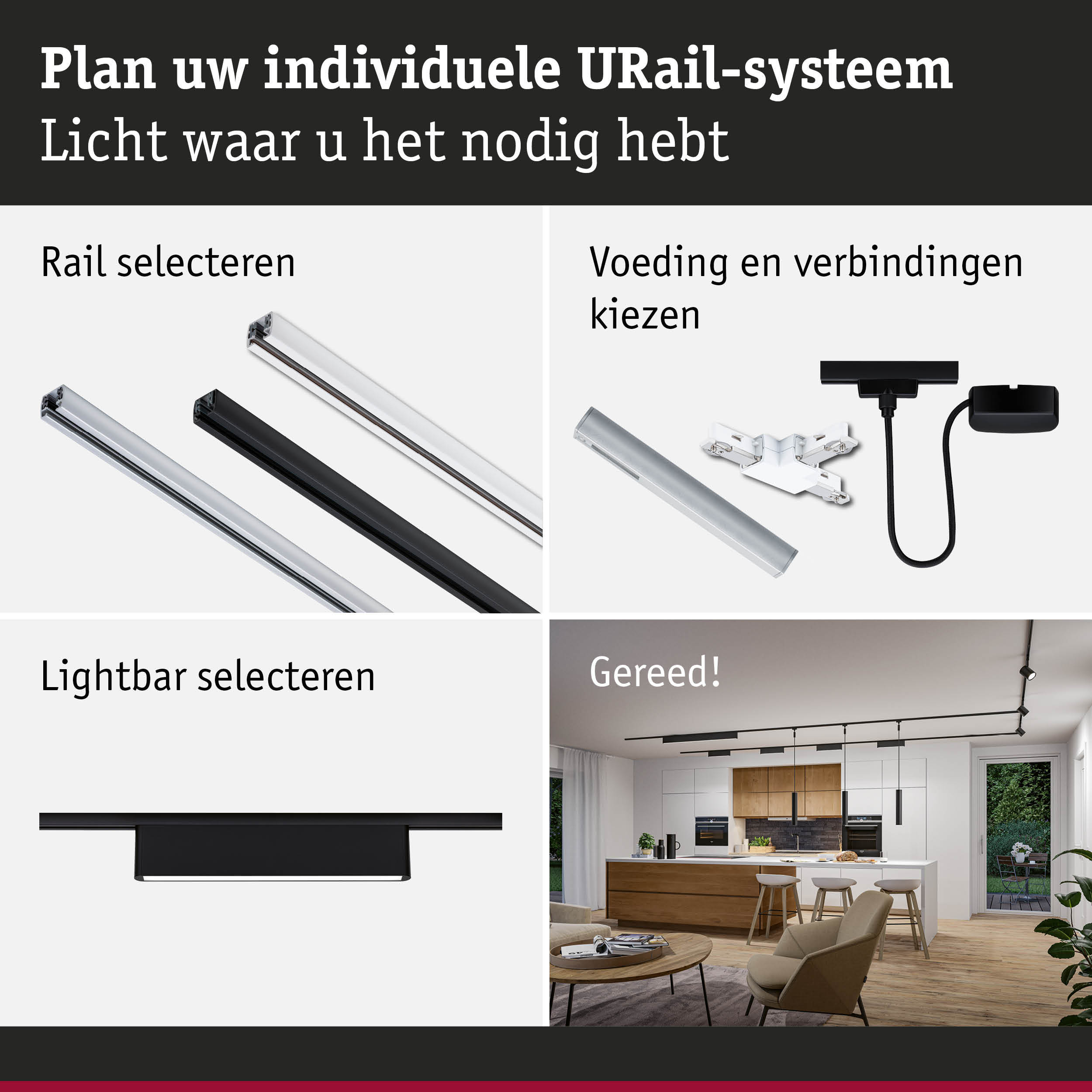 Modulair URail-systeem met aluminium rails in zwart en wit voor flexibele verlichtingsoplossingen