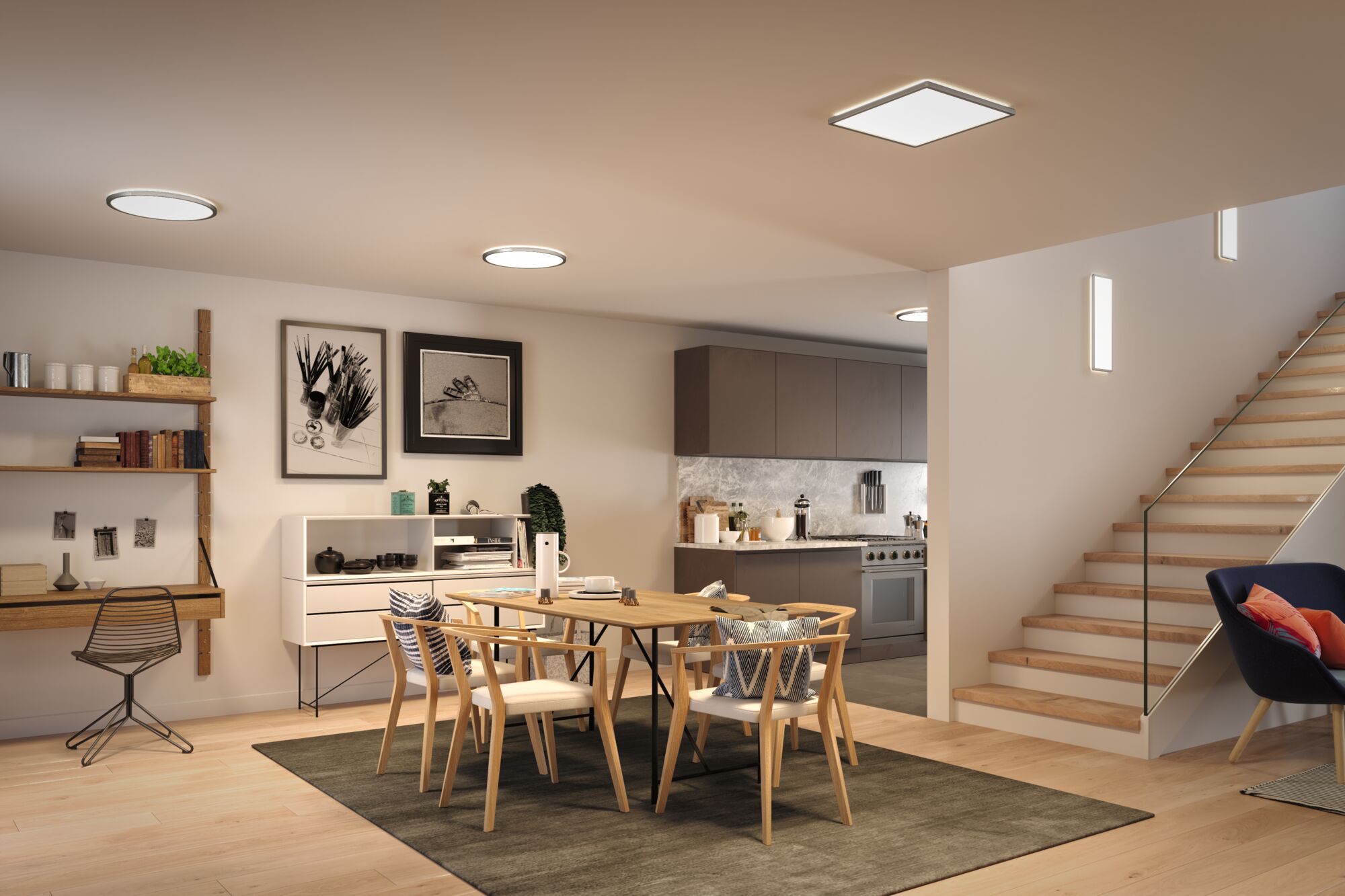 Moderne LED-Deckenleuchten in rund und quadratisch in hellem Wohn- und Essbereich mit Holz und Grau