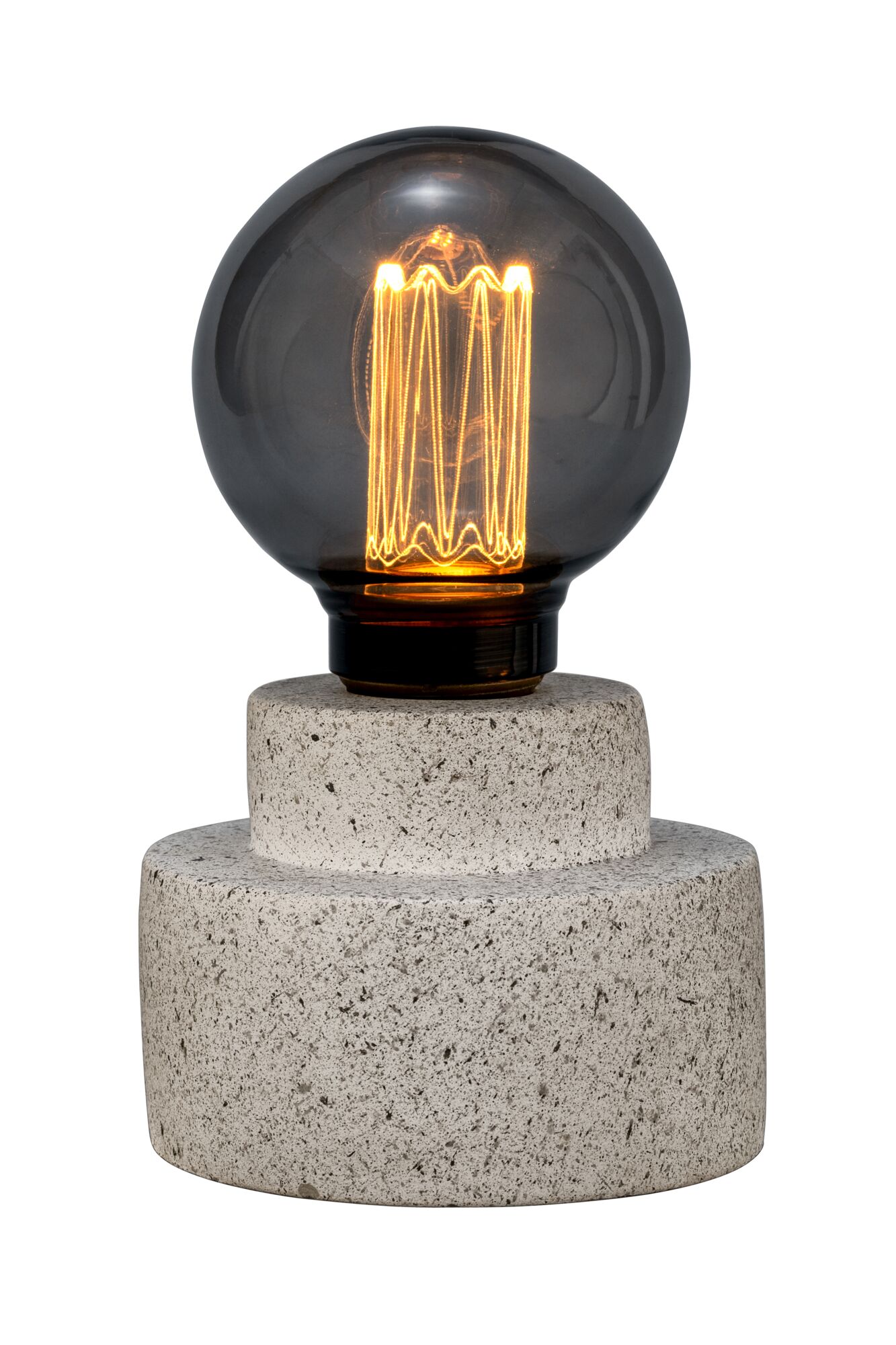 Modern table lamp with grey stone base and round smoked glass bulb for ambient lighting in living spaces