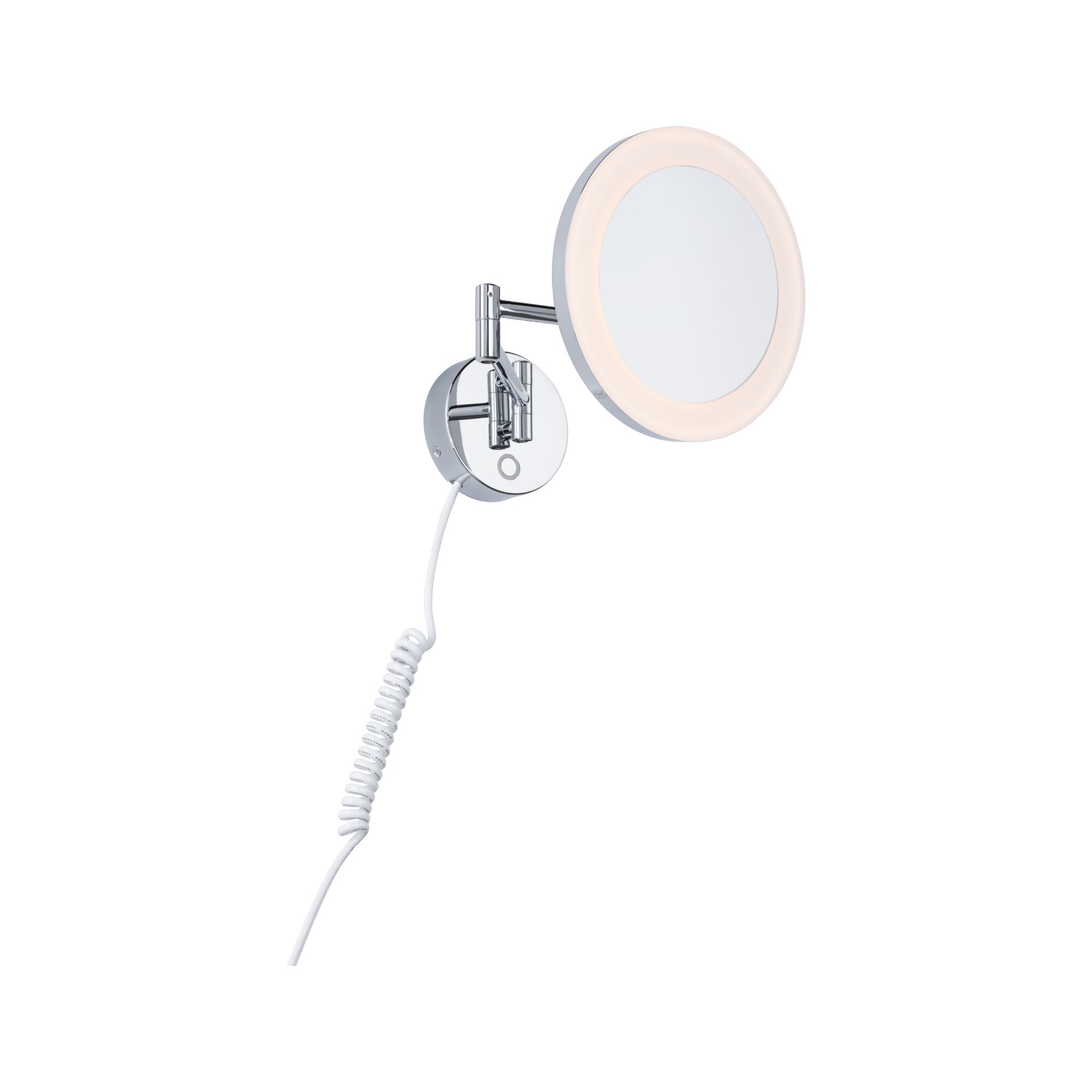 Miroir mural rond avec éclairage LED et bras en métal chromé, idéal pour salle de bain et maquillage.