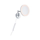 Miroir mural rond avec éclairage LED et bras en métal chromé, idéal pour salle de bain et maquillage.