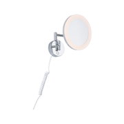 Ronde wandspiegel met LED-verlichting en verchroomde metalen arm, geschikt voor badkamer en make-up.