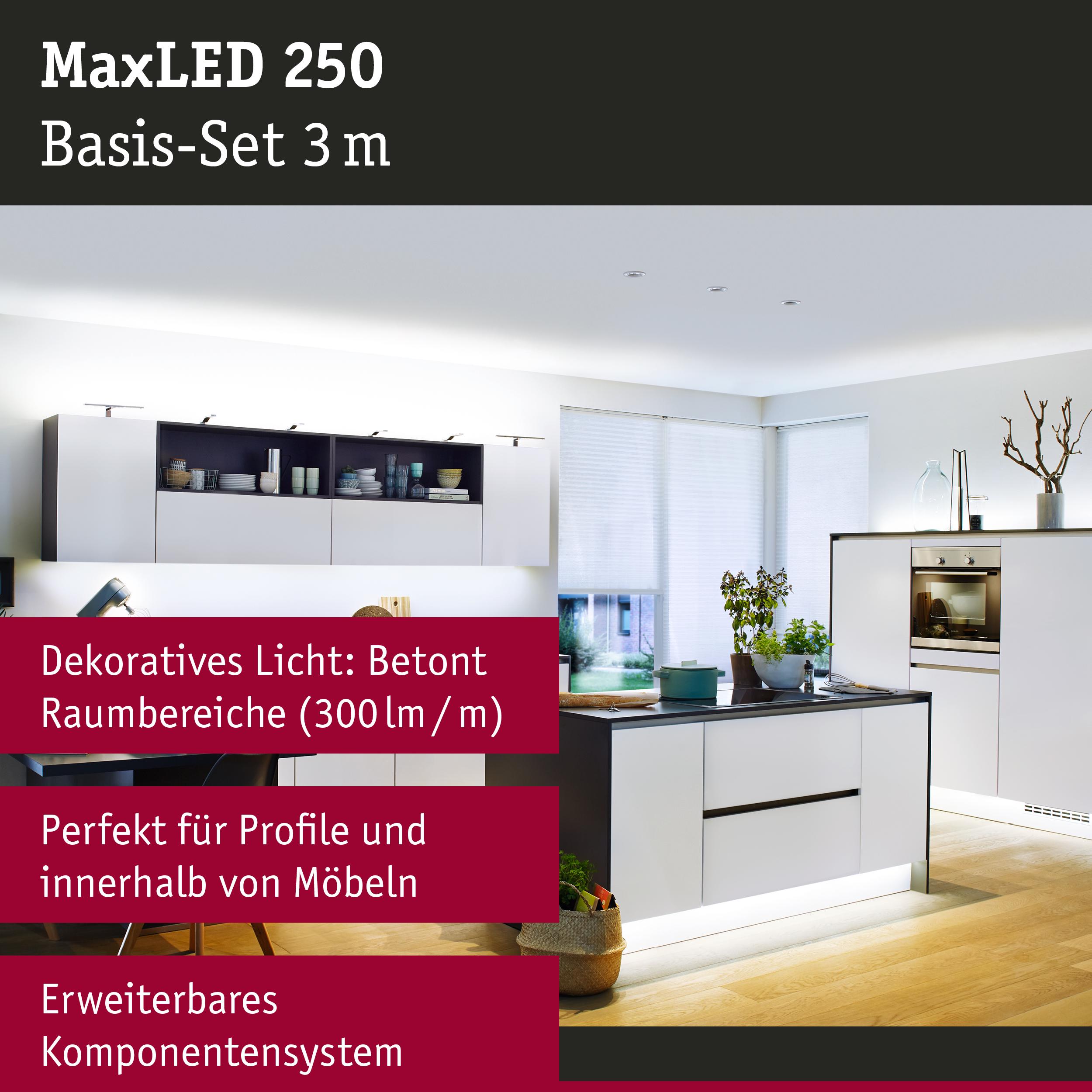 MaxLED 250 LED-Lichtset 3 m in moderner Küche mit weißer Möbelfront und indirekter Beleuchtung
