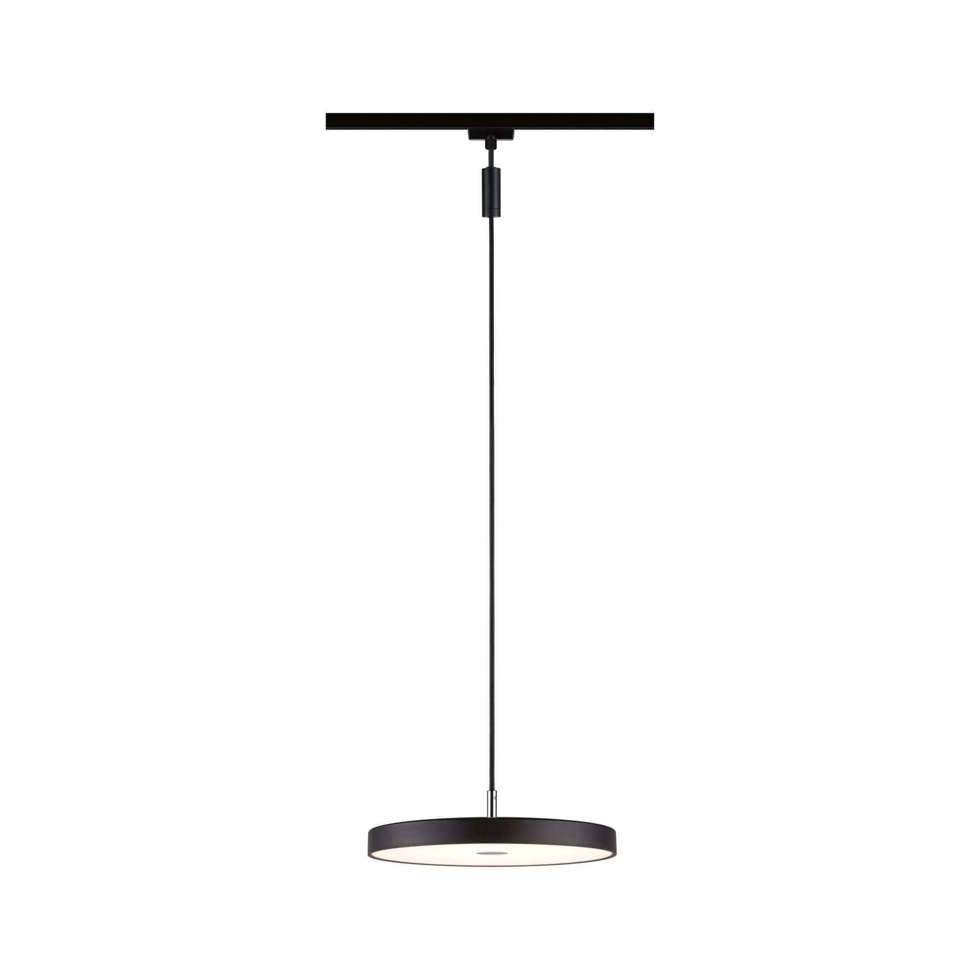 Black LED pendant light with round flat design and white diffuser for modern indoor lighting