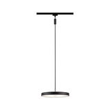 Black LED pendant light with round flat design and white diffuser for modern indoor lighting