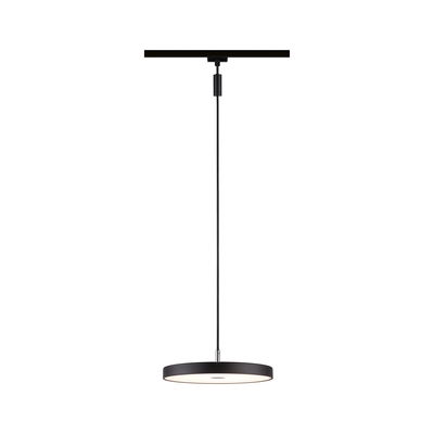 Black LED pendant light with round flat design and white diffuser for modern indoor lighting