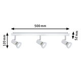 Weißer dreiflammiger LED-Deckenstrahler aus Metall mit verstellbaren Spots und Maßen 500x120x52 mm