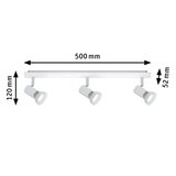 White metal 3-light LED ceiling spotlight with adjustable heads, dimensions 500x120x52 mm