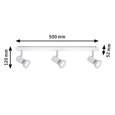 Spot LED plafond blanc en métal à 3 lampes réglables, dimensions 500x120x52 mm