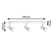 White metal 3-light LED ceiling spotlight with adjustable heads, dimensions 500x120x52 mm