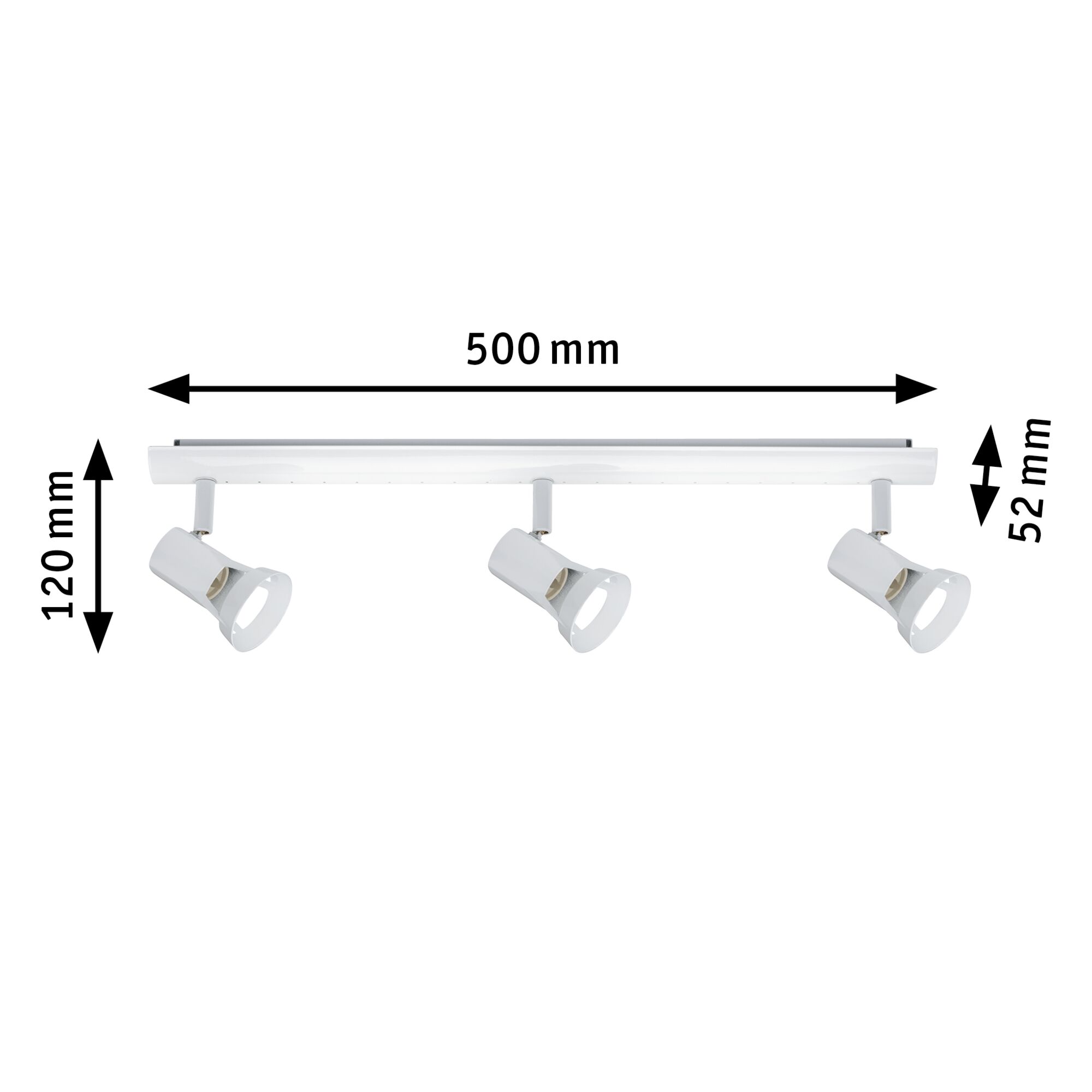 White metal 3-light LED ceiling spotlight with adjustable heads, dimensions 500x120x52 mm