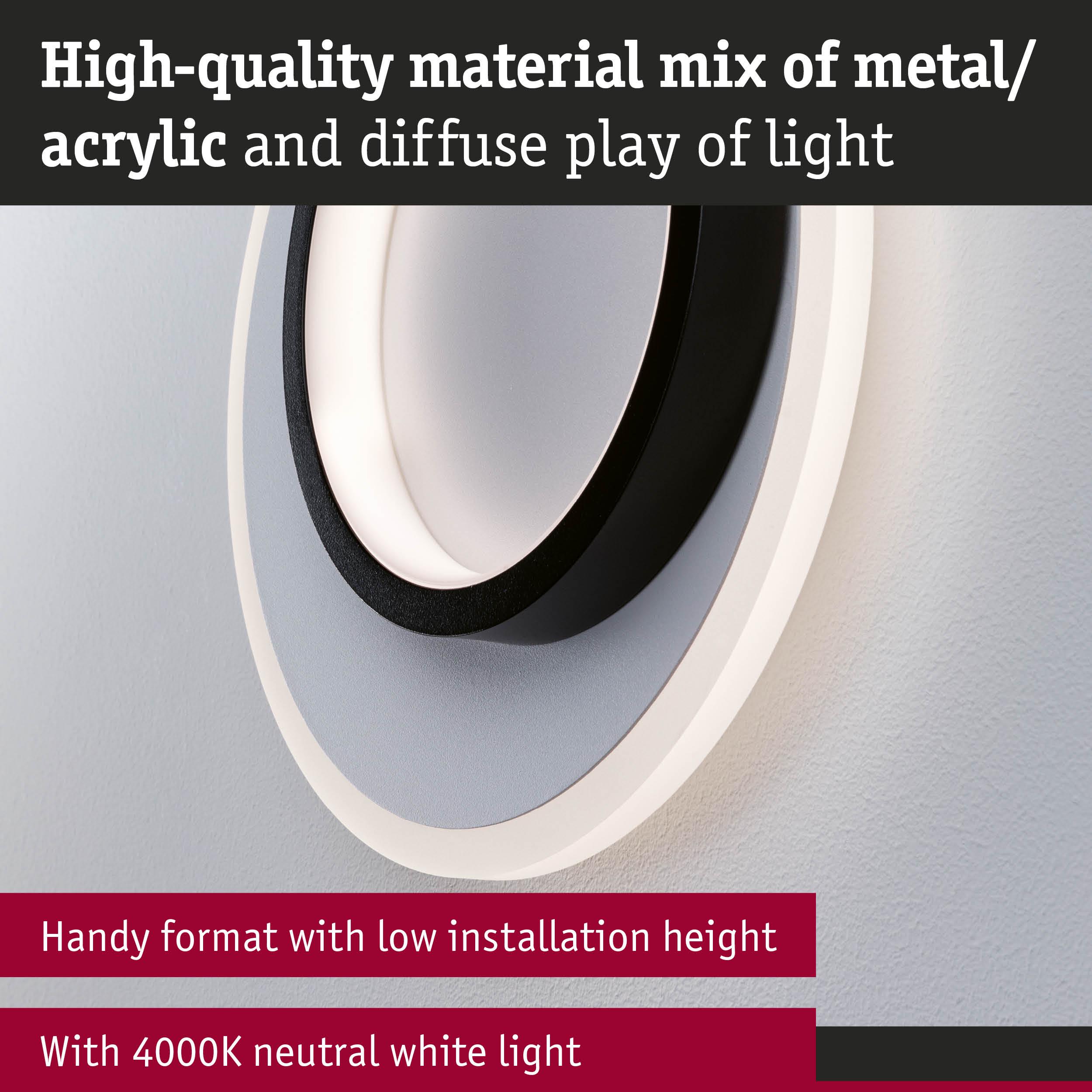 Round wall light in metal and acrylic black and white with 4000K neutral white LED lighting