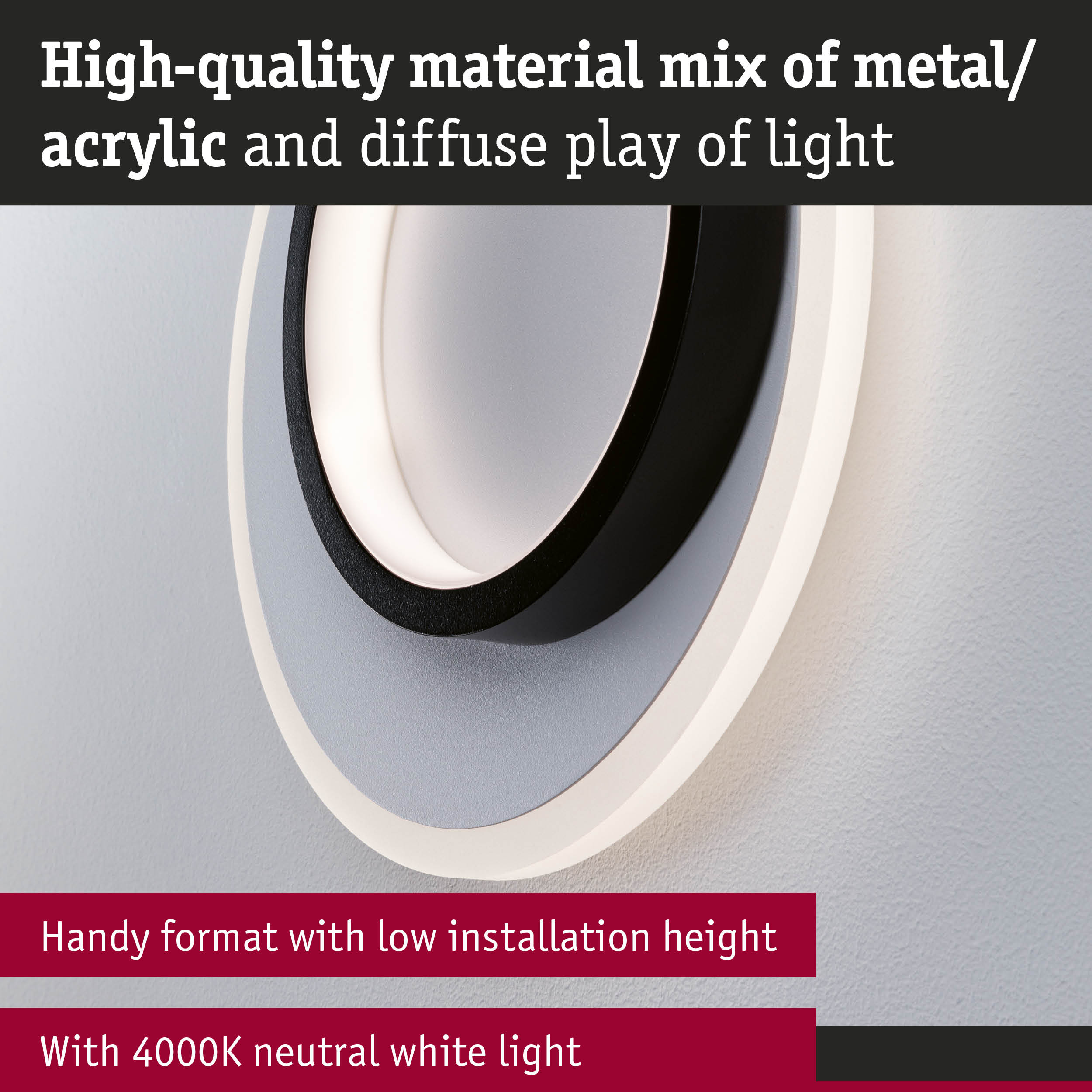 Modern wall light in black and white metal and acrylic with 4000K neutral white LED lighting
